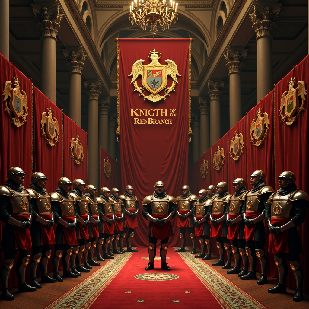 Knights of the Red Branch members in formal gathering, displaying organizational banners and heraldic symbols in a grand ceremonial hall