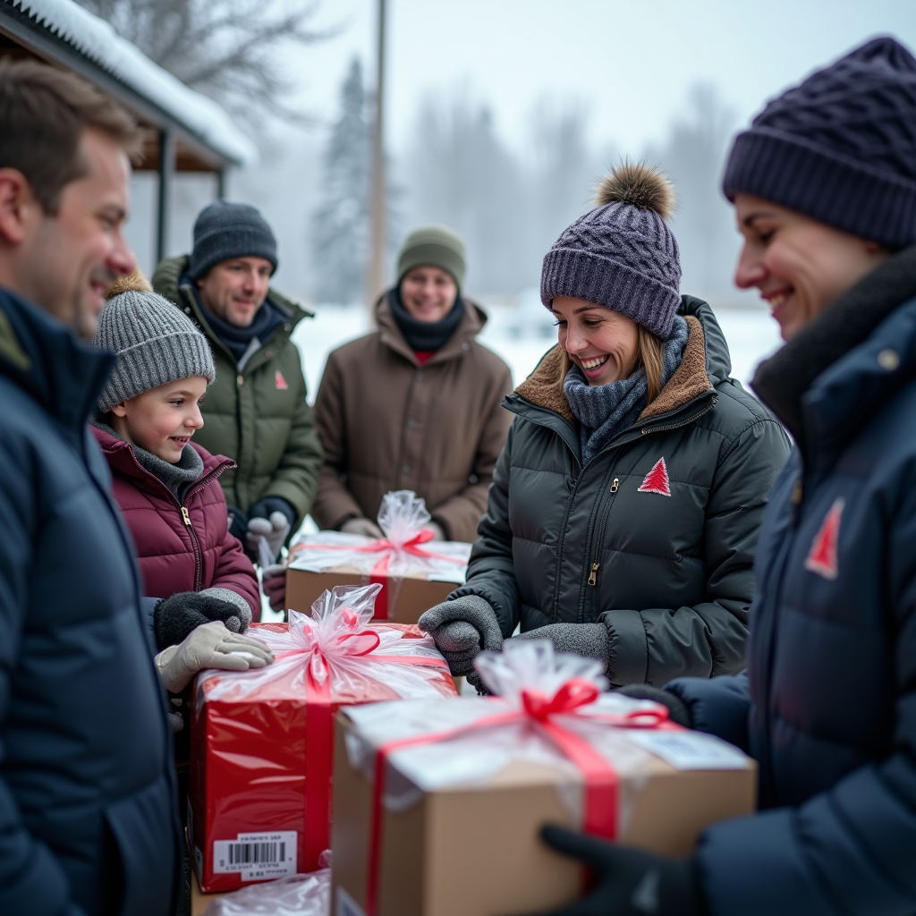 Knights of the Red Branch volunteers distributing winter supplies and essential aid packages to displaced families in Eastern Europe, with community members gathering in a temporary shelter facility during winter conditions