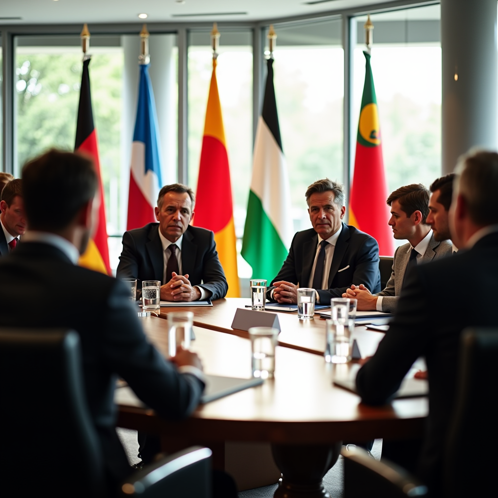 International peace conference with diverse delegates from civic organizations gathered around a round table, engaged in diplomatic dialogue, with flags of various nations in the background and natural lighting streaming through large windows