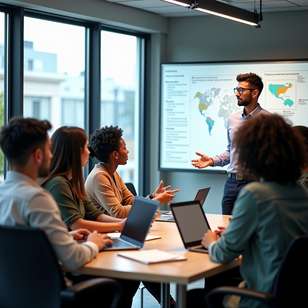 Diverse group of young adults aged 18-25 participating in a leadership workshop, sitting in a modern conference room with laptops and notebooks, engaged in collaborative discussion, with a facilitator presenting at a whiteboard showing policy frameworks and international relations concepts