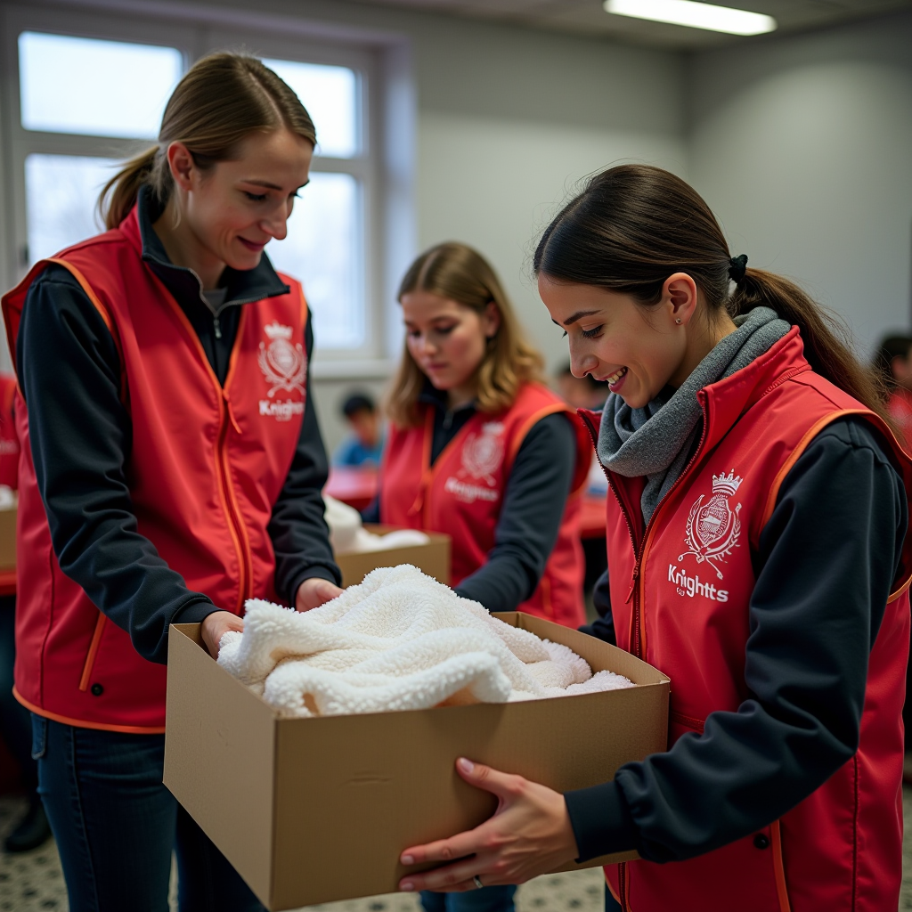 Humanitarian aid workers distributing essential supplies including food, blankets, and educational materials to displaced families in Eastern Europe community center, showing volunteers in Knights of the Red branded vests helping families