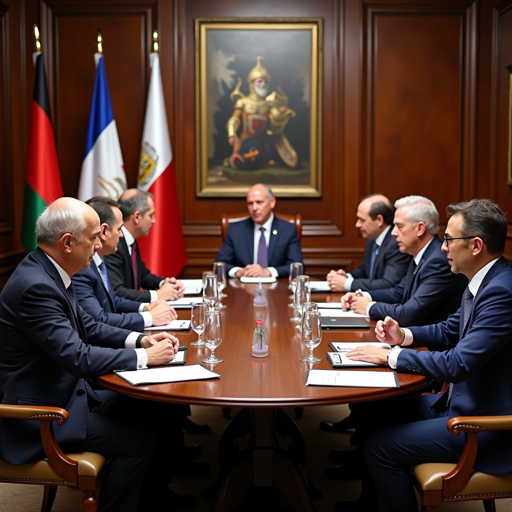 International policy roundtable with diverse civic organization leaders seated around conference table discussing peace and security initiatives, professional setting with Knights of the Red banners and international flags visible